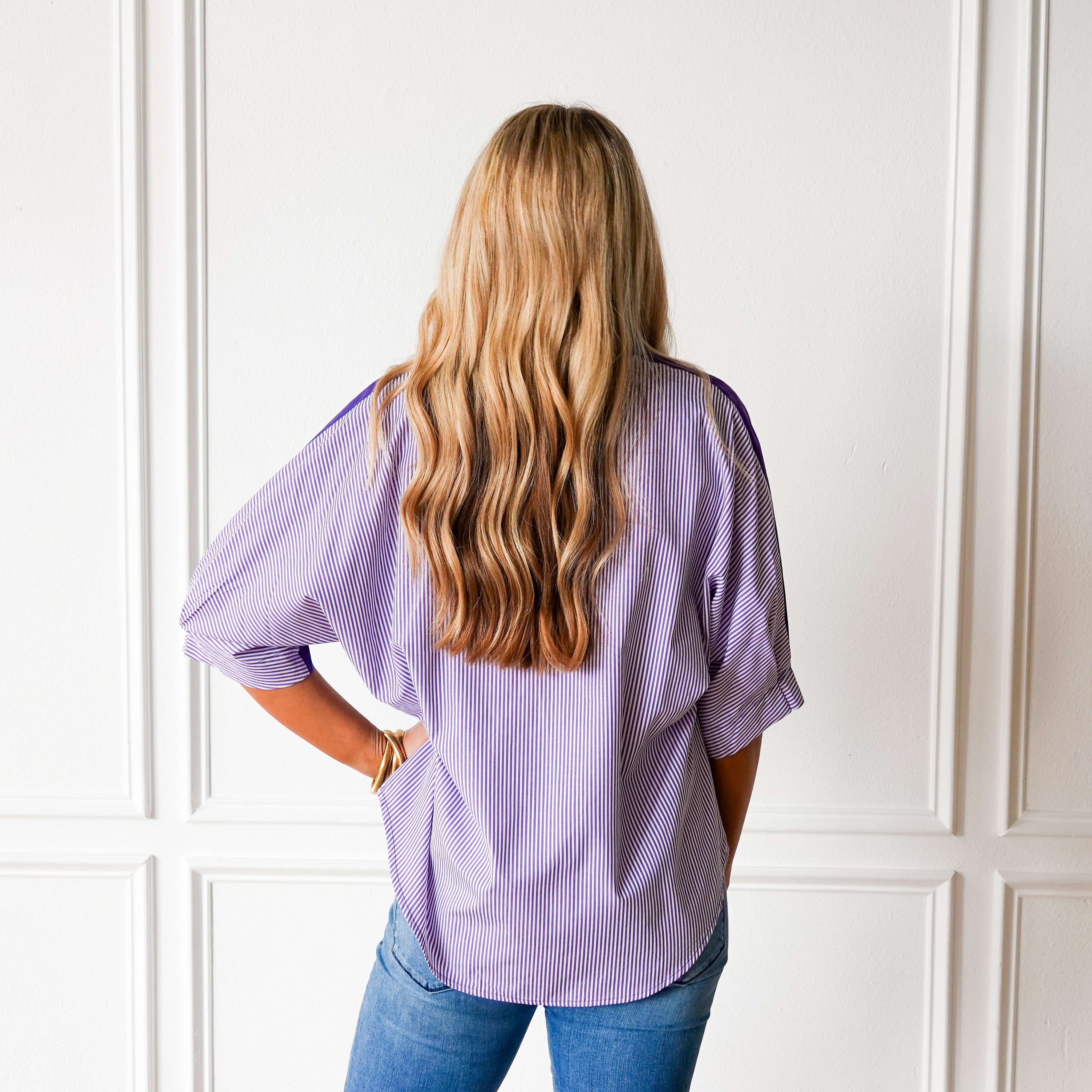 Caryn Lawn Caroline Contrast Top Purple Stripe