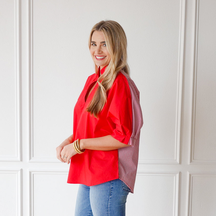 Caryn Lawn Caroline Contrast Top Red Stripe