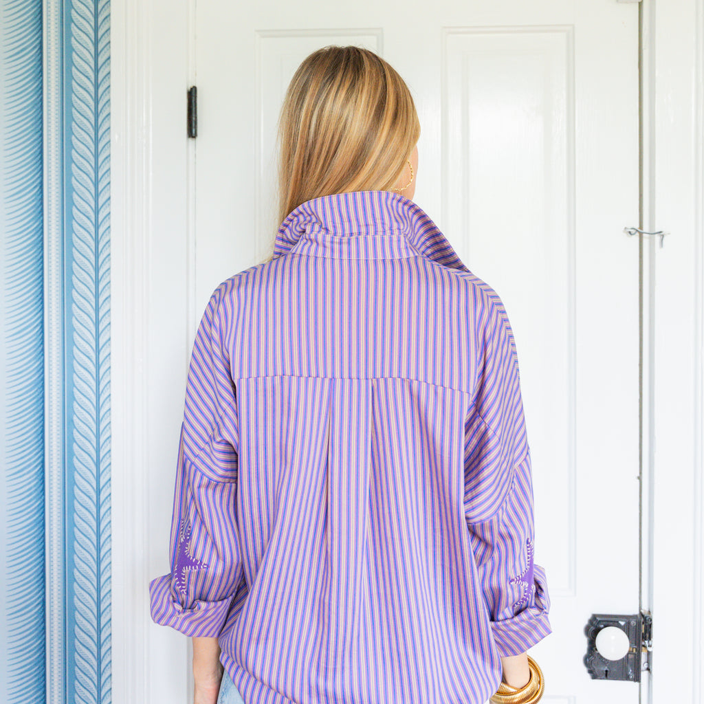 Caryn Lawn Preppy Star Elbow Top Purple Stripe