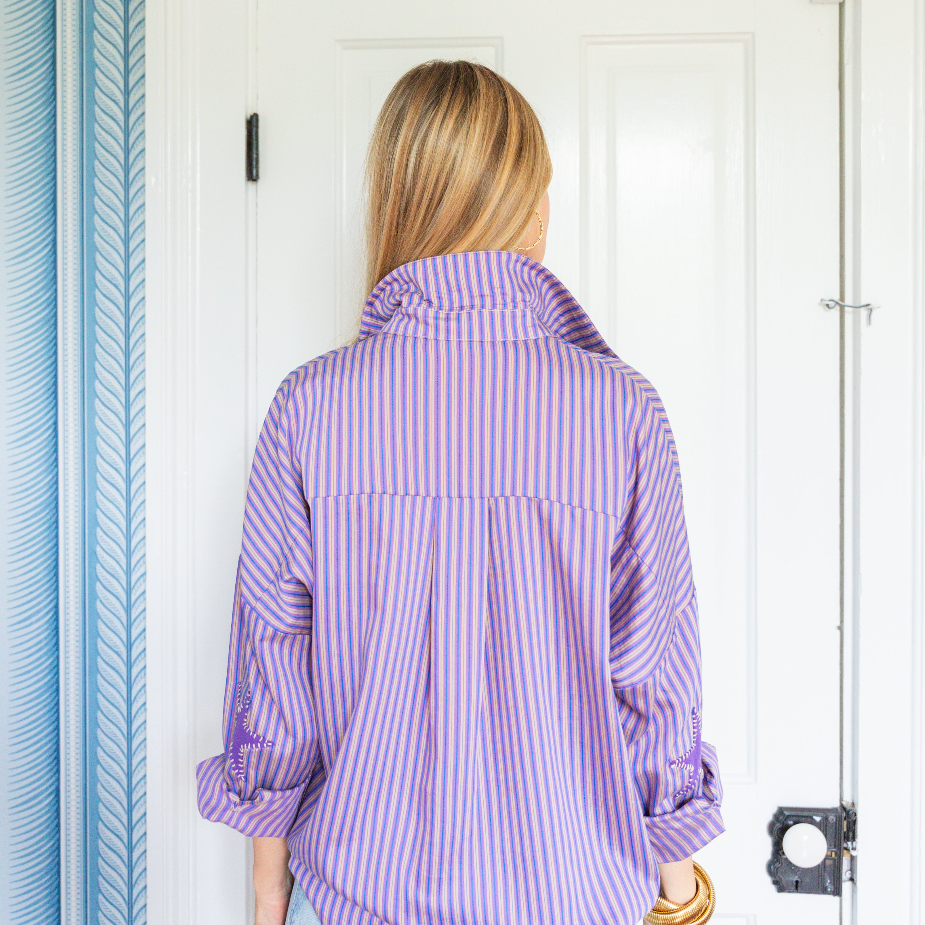 Caryn Lawn Preppy Star Elbow Top Purple Stripe