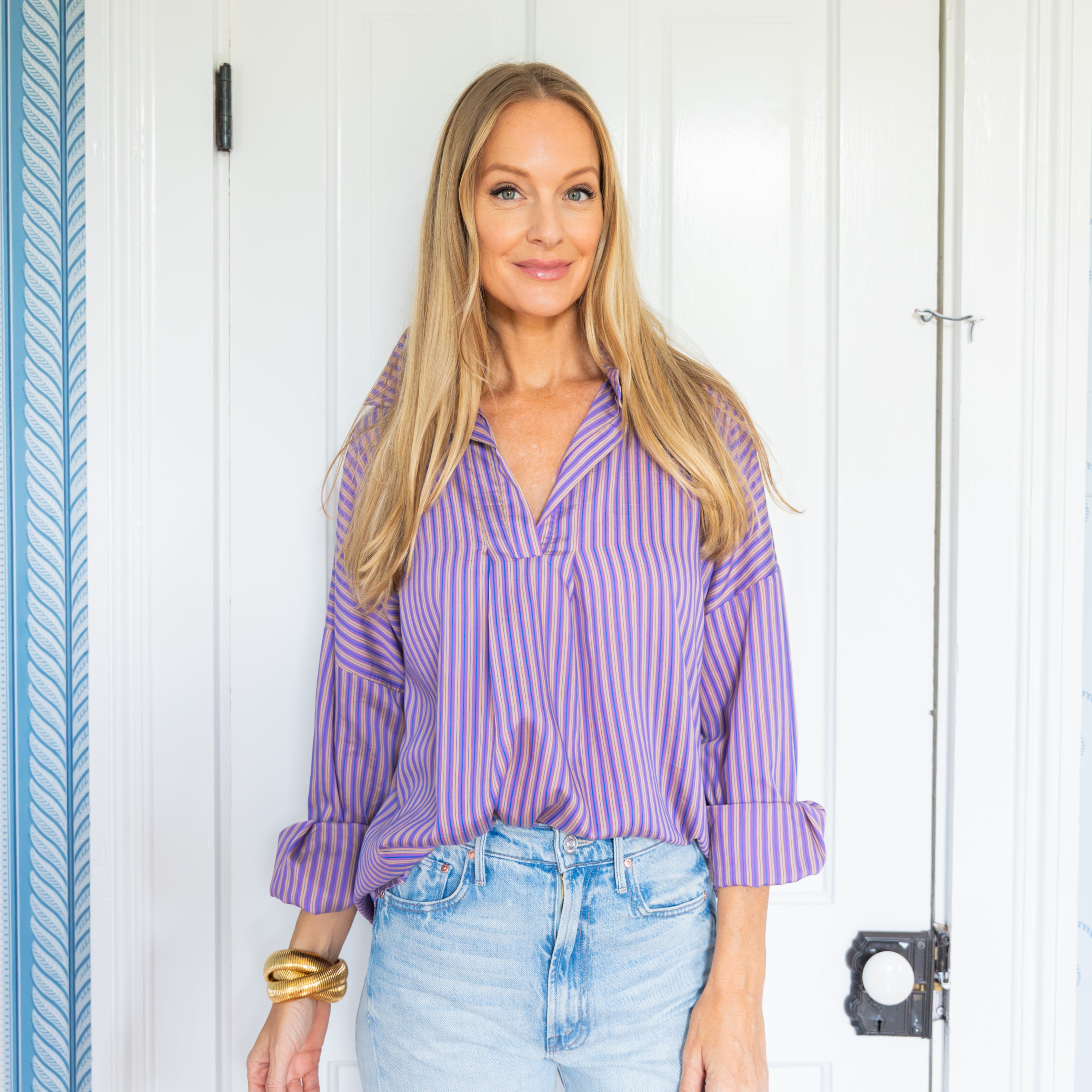 Caryn Lawn Preppy Star Elbow Top Purple Stripe