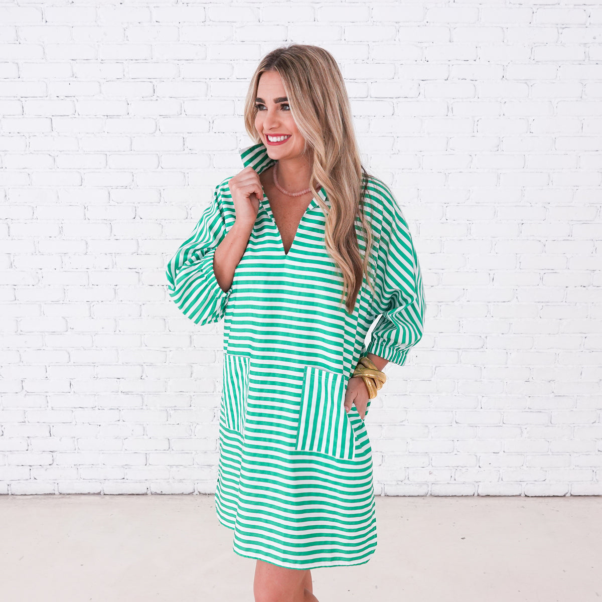 Caryn Lawn Betsy Dress Green Stripe