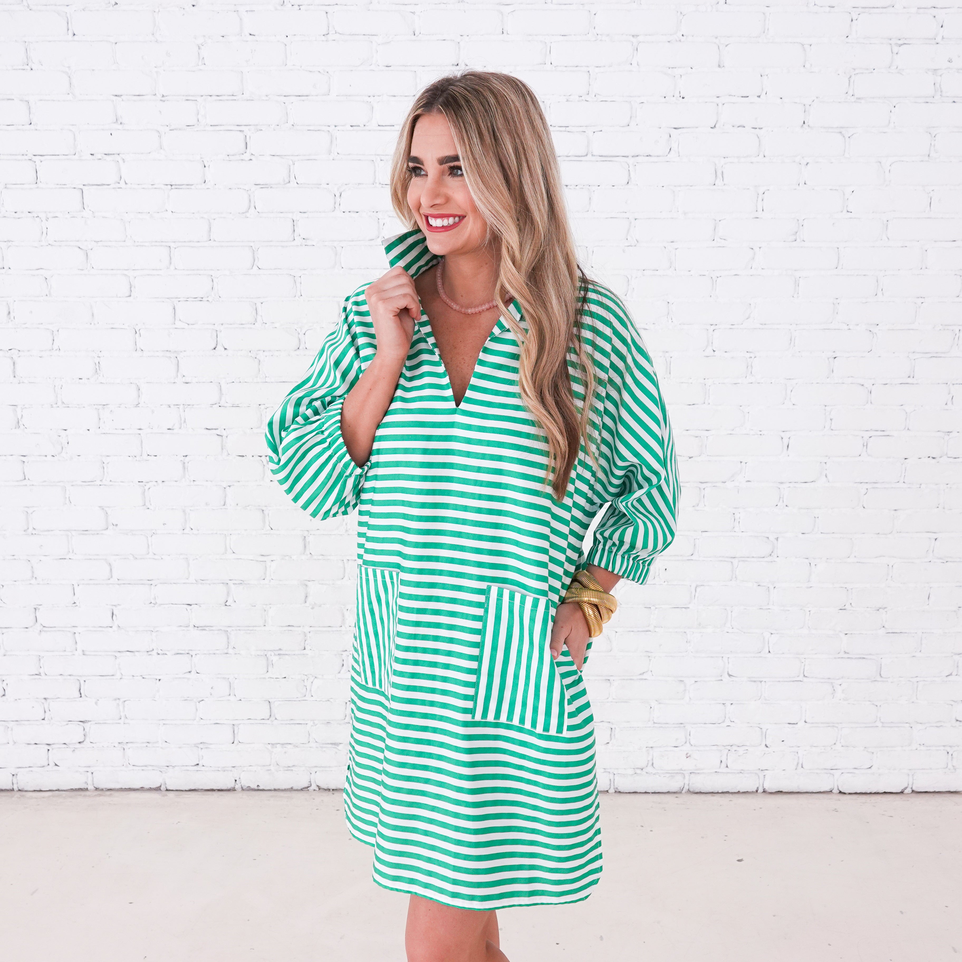Caryn Lawn Betsy Dress Green Stripe