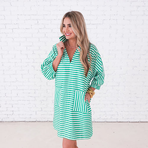 Caryn Lawn Betsy Dress Green Stripe