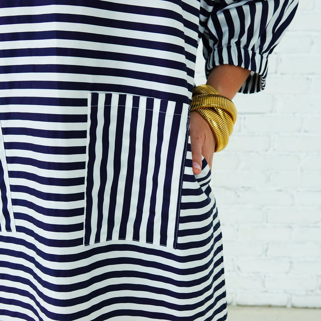 Caryn Lawn Betsy Dress Navy Stripe