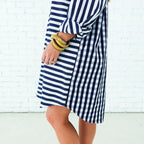 Caryn Lawn Preppy Dress Stripe and Gingham Navy