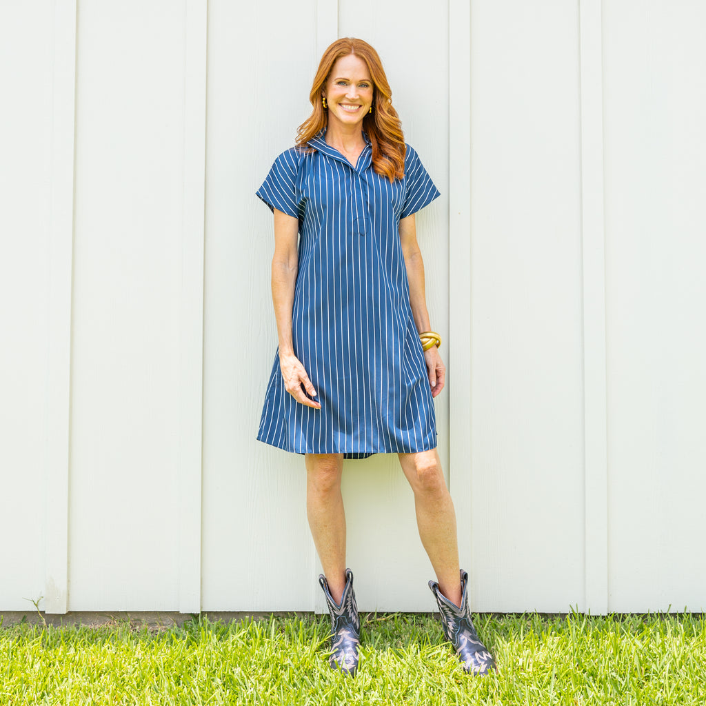 Caryn Lawn Emily Dress Navy Stripe