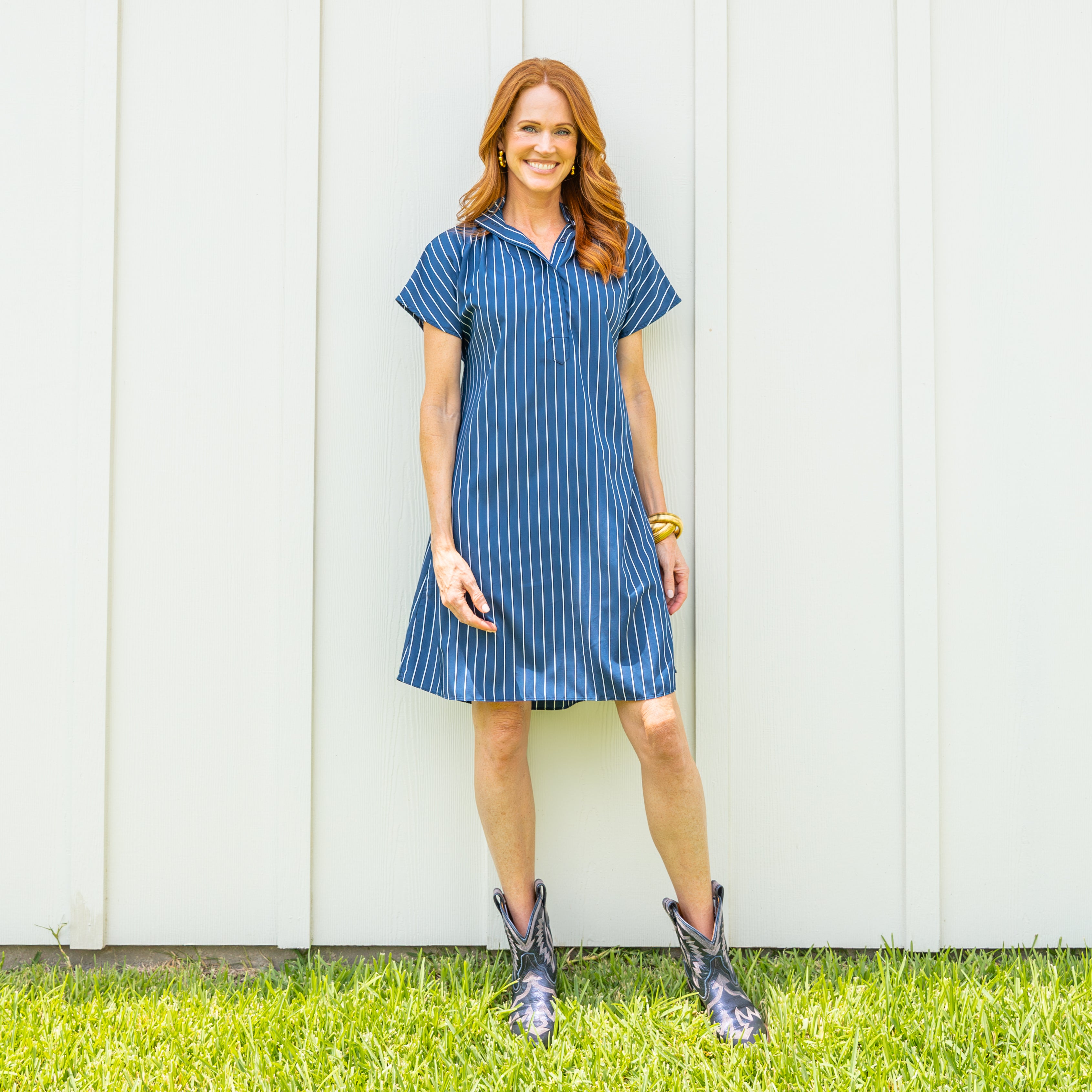 Caryn Lawn Emily Dress Navy Stripe