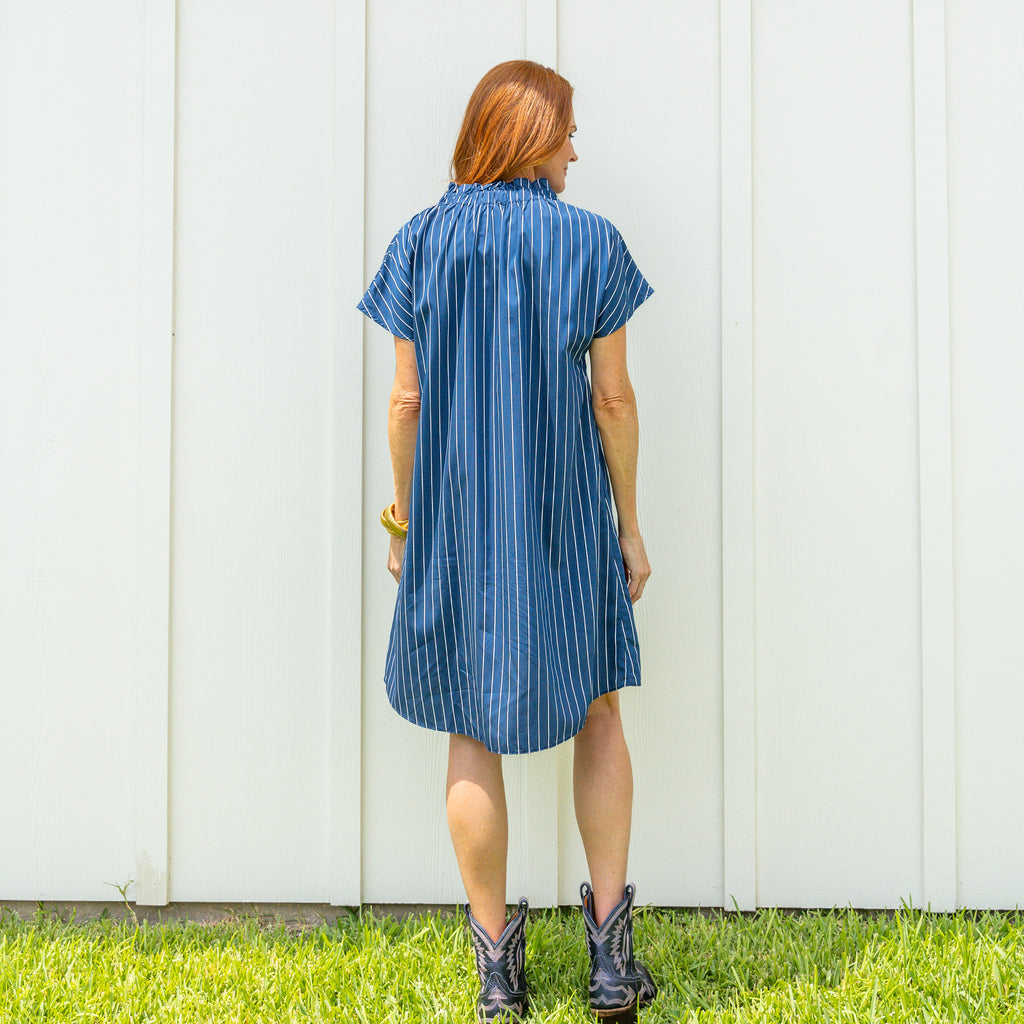 Caryn Lawn Emily Dress Navy Stripe