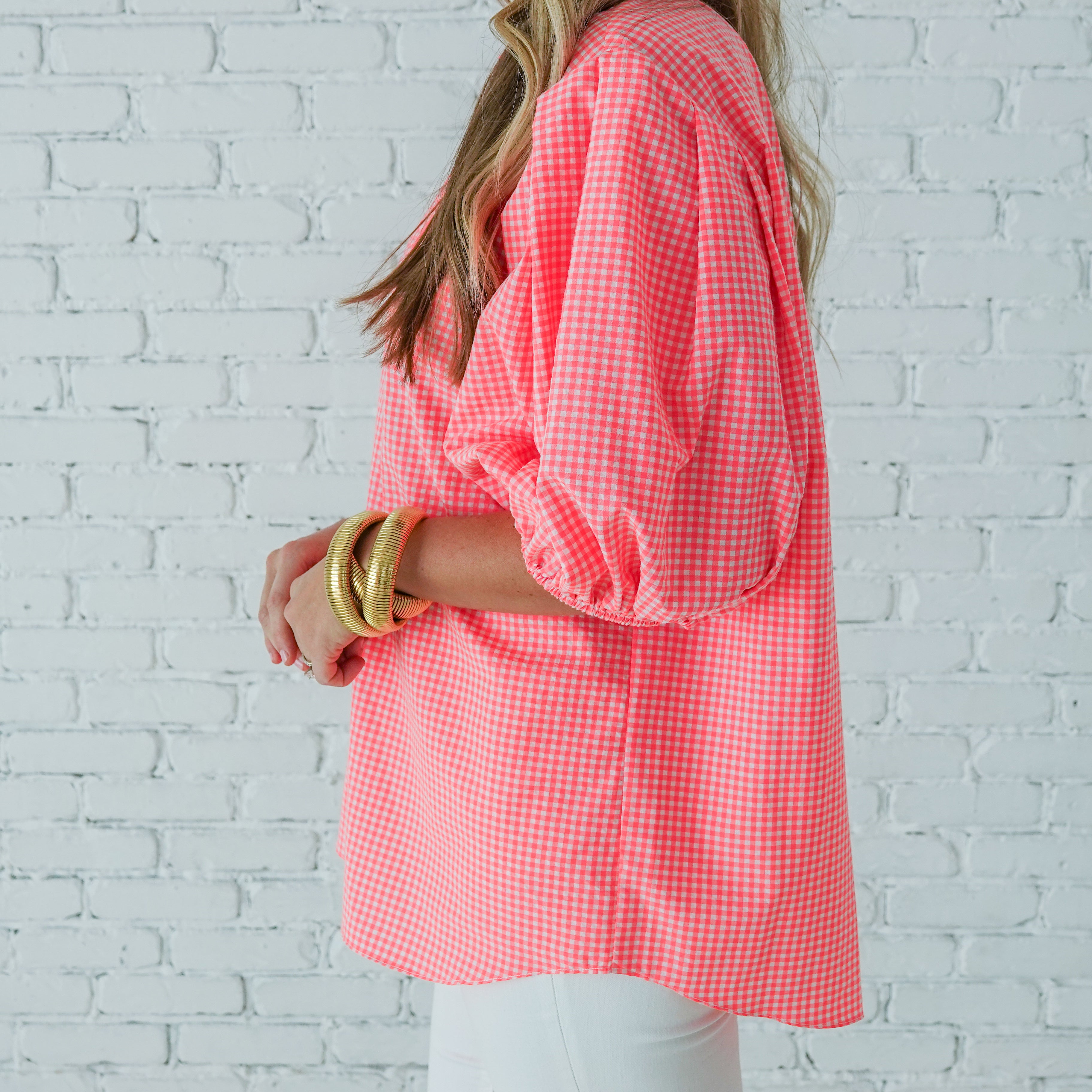 Caryn Lawn Anna Top Gingham Neon Pink