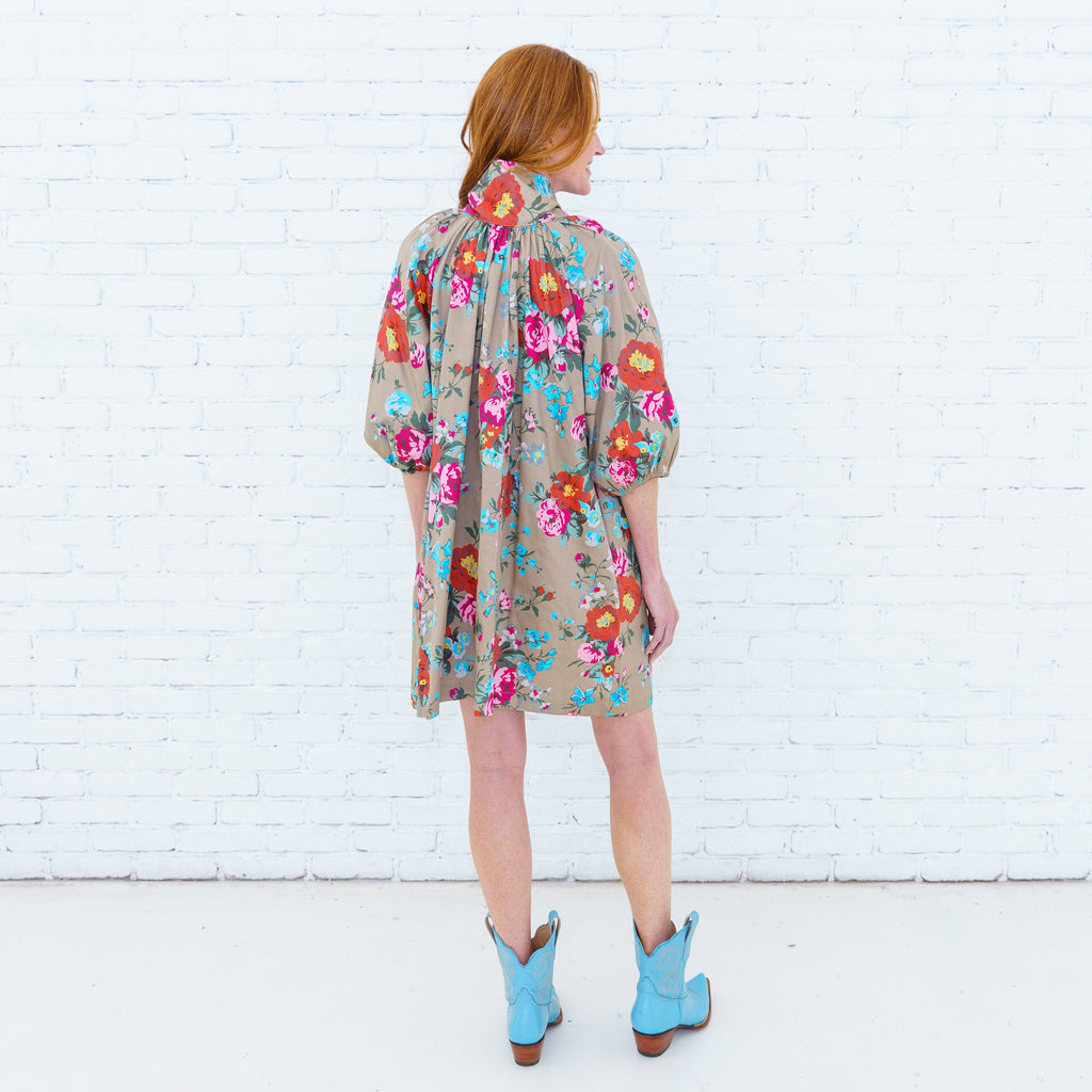Ryan Bow Dress Khaki Floral