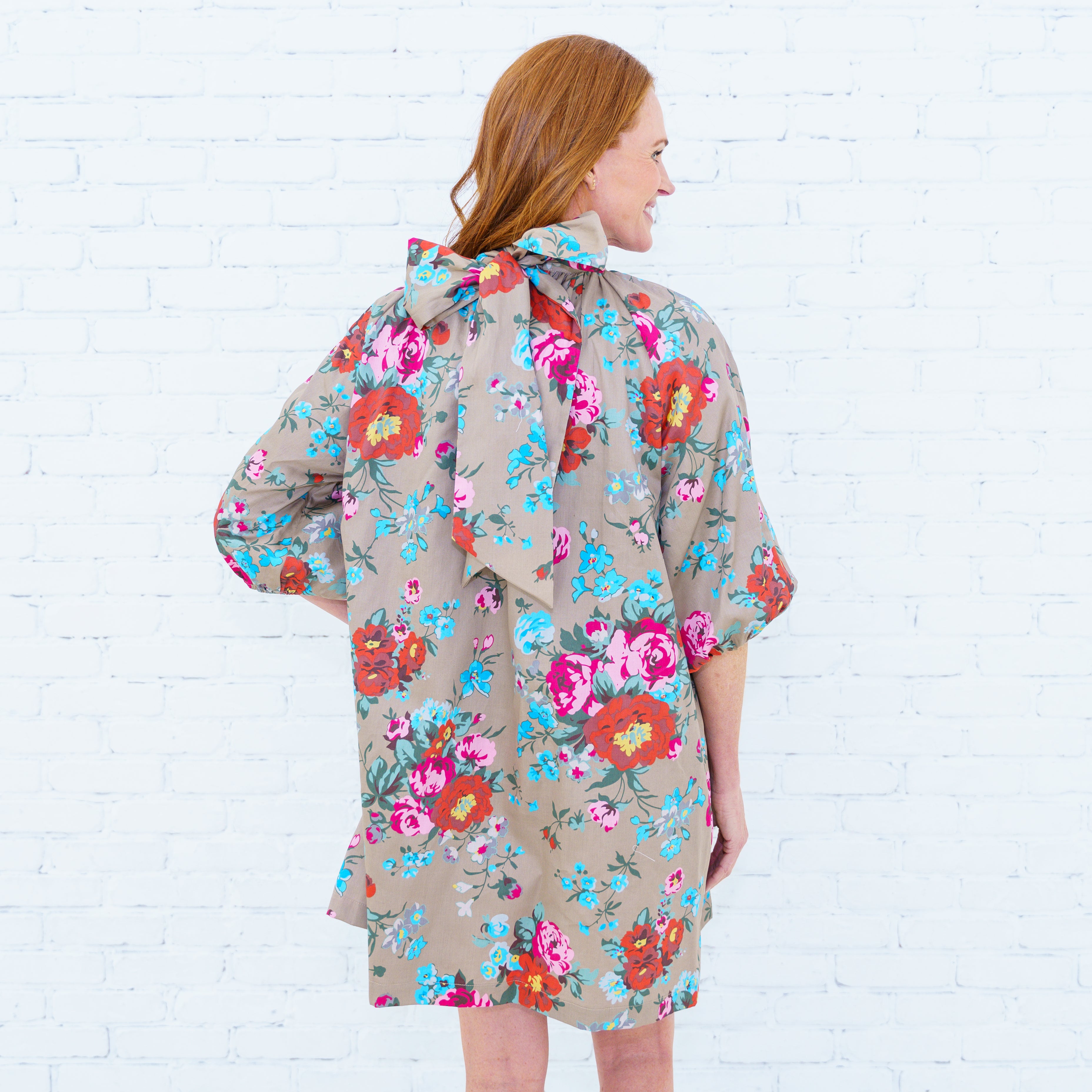 Ryan Bow Dress Khaki Floral