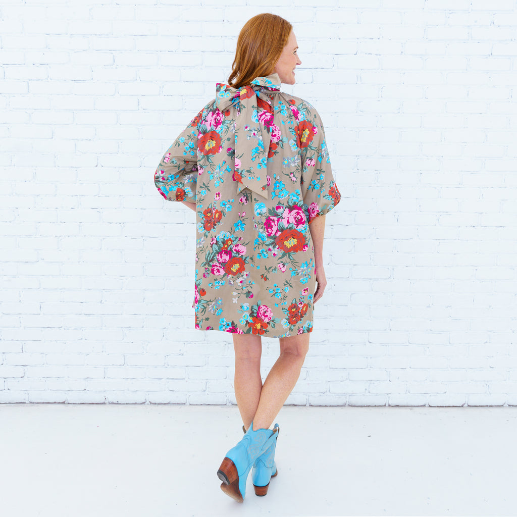Ryan Bow Dress Khaki Floral