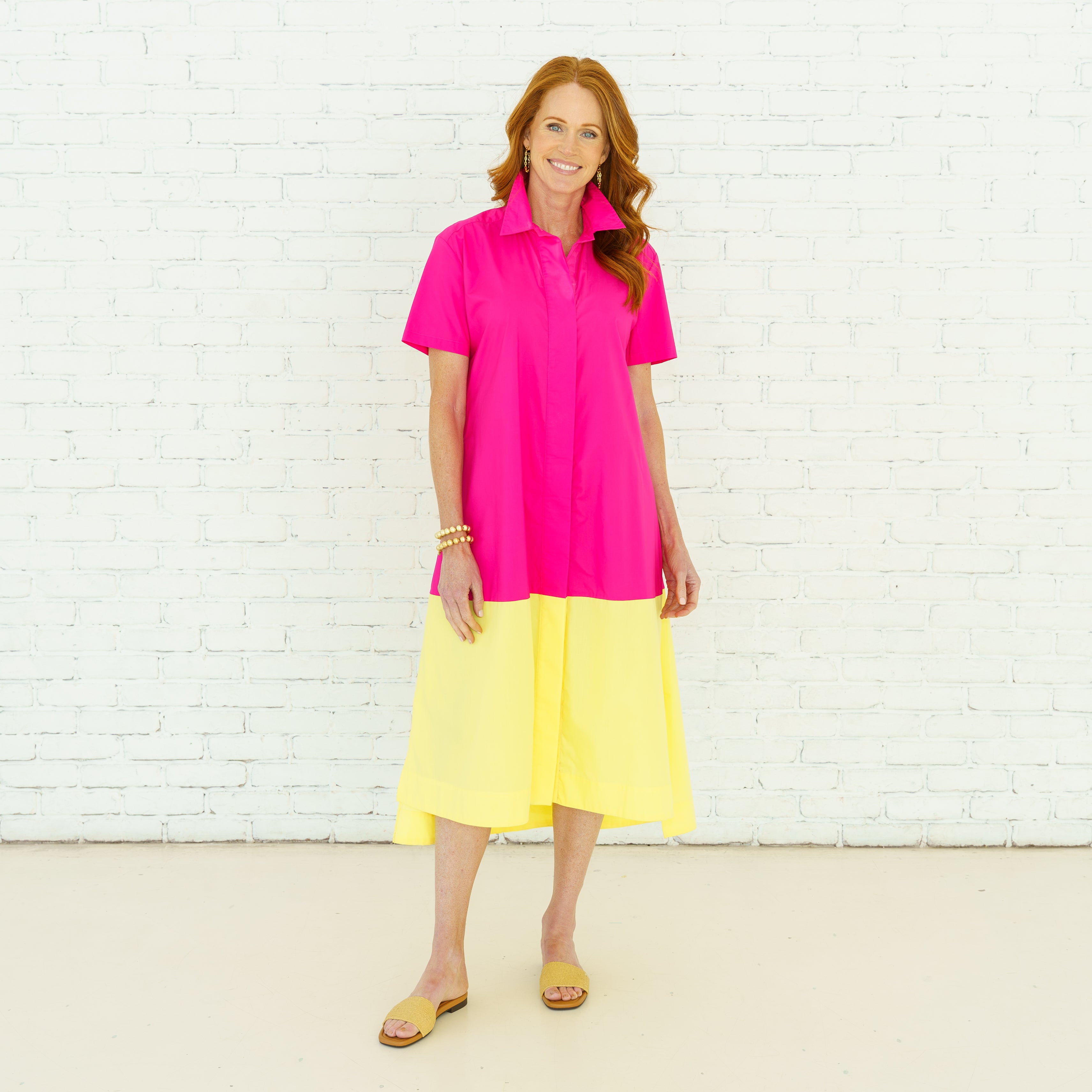 Caryn Lawn Millie Colorblock Dress Fuchsia and Yellow