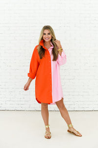 Caryn Lawn Carter Contrast Dress Orange and Pale Pink