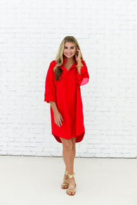 Caryn Lawn Preppy Dress Heart Elbow Red