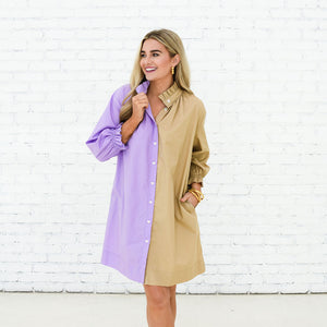 Caryn Lawn Kelsey Contrast Dress Lavender and Khaki