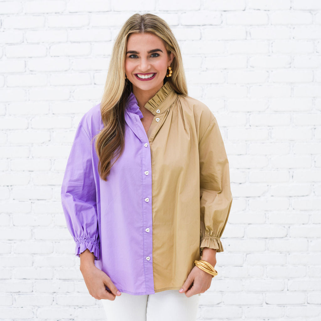 Caryn Lawn Kelsey Contrast Top Lavender and Khaki