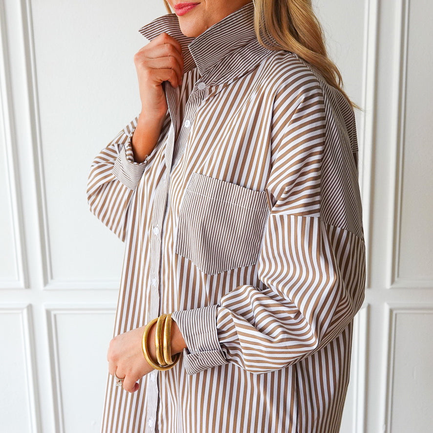 Caryn Lawn Frances Dress Camel Stripe