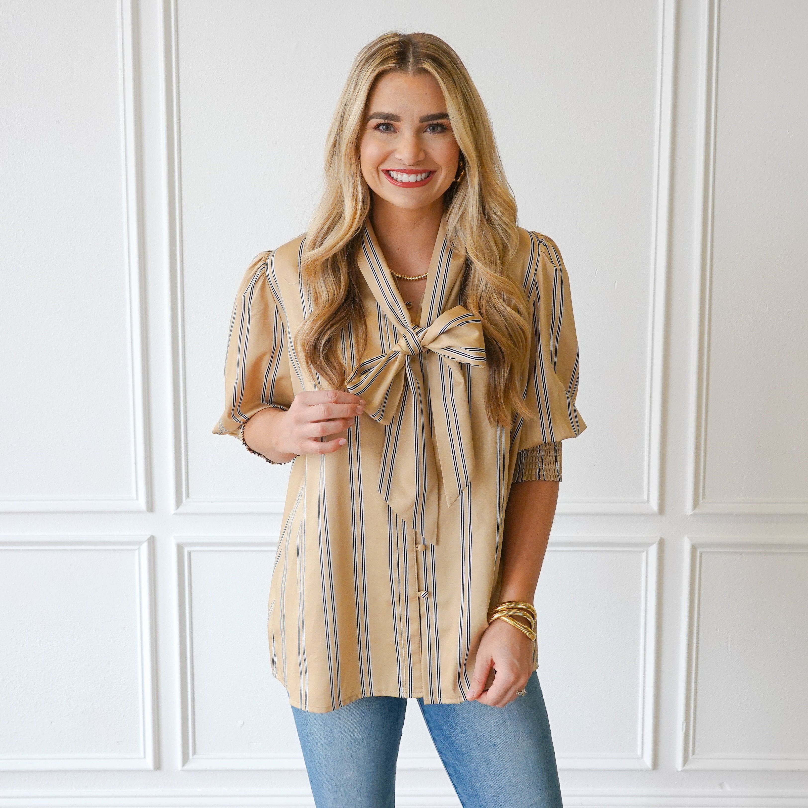 Caryn Lawn Holly Bow Top Khaki Stripe