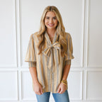 Caryn Lawn Holly Bow Top Khaki Stripe