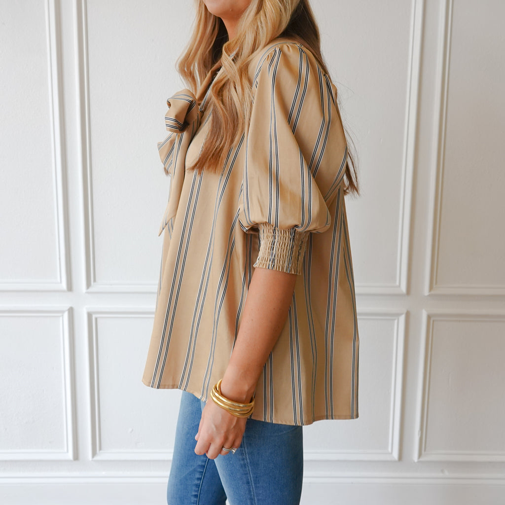 Caryn Lawn Holly Bow Top Khaki Stripe