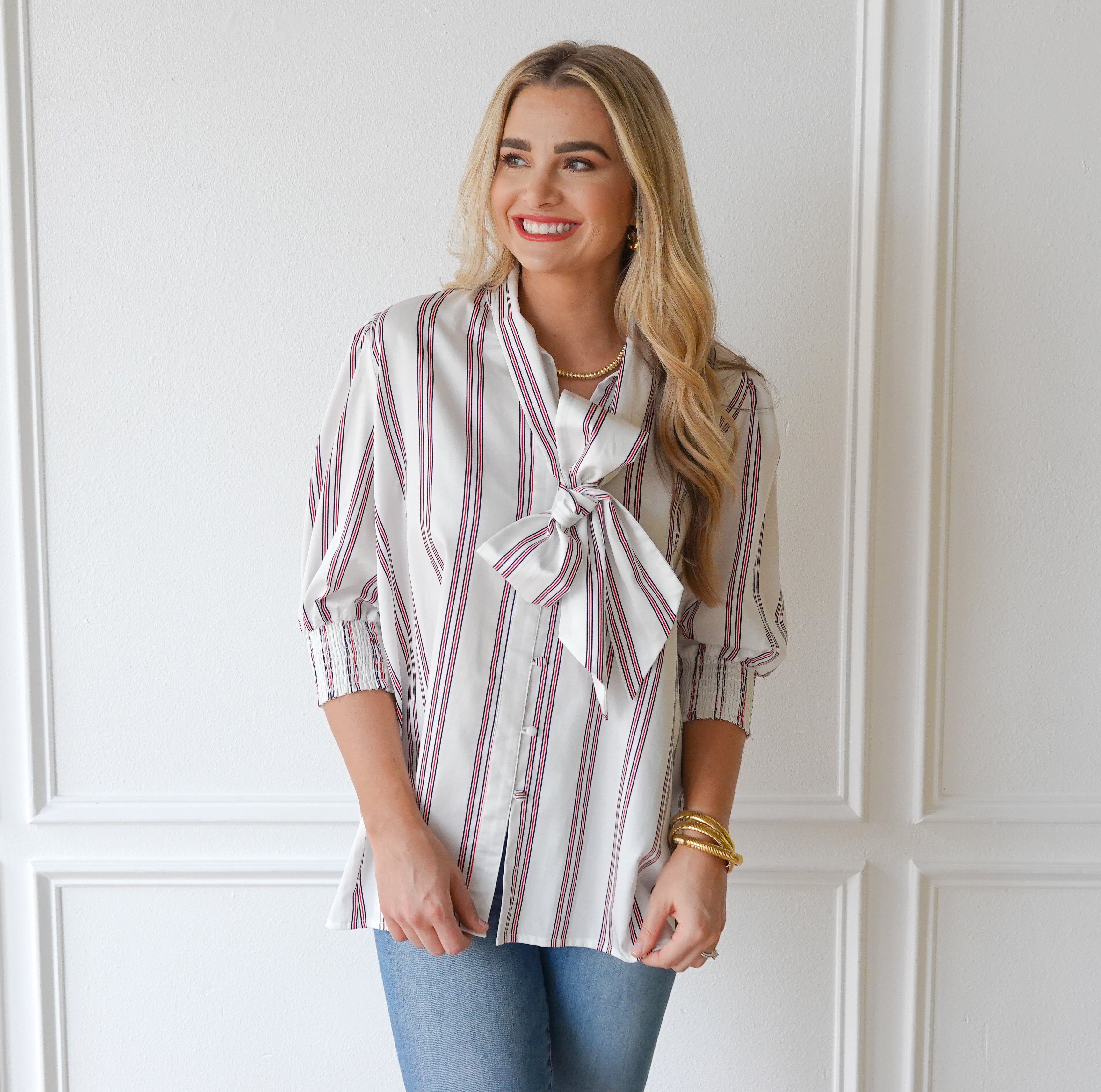 Caryn Lawn Holly Bow Top White with Navy and Red Stripe