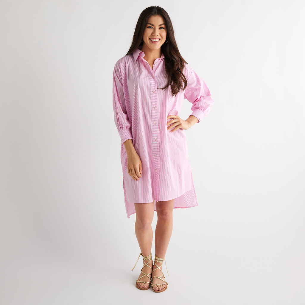 Caryn Lawn Janie House Dress Pink Stripe