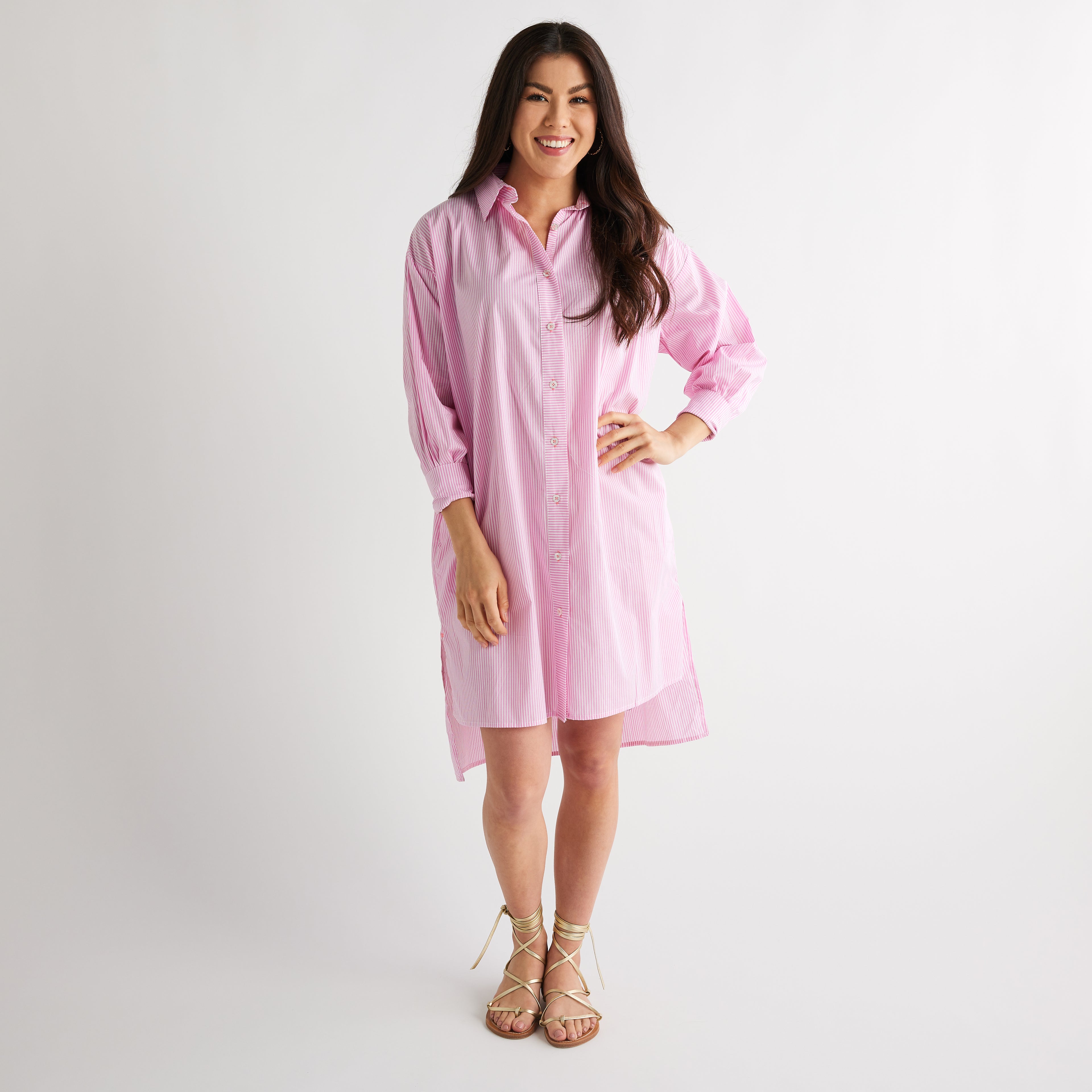 Caryn Lawn Janie House Dress Pink Stripe