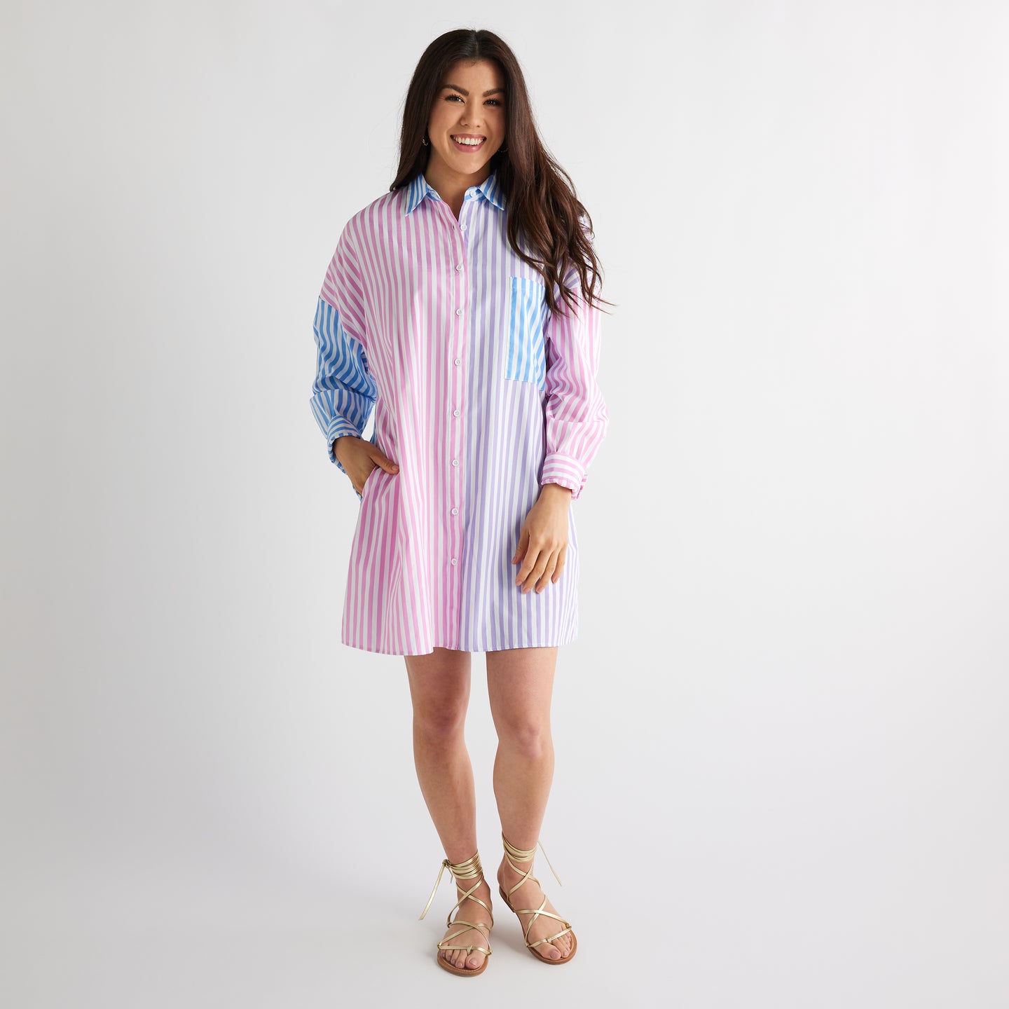 Caryn Lawn Lawn Contrast Stripe Dress Blue Stripe