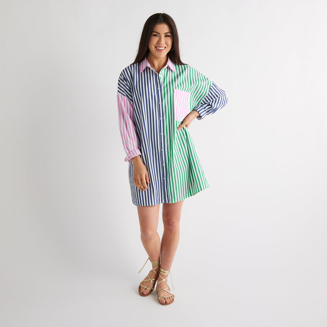 Caryn Lawn Lawn Contrast Stripe Dress Pink Stripe