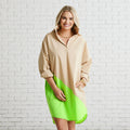 Caryn Lawn Preppy Asymmetrical Dress Khaki and Neon