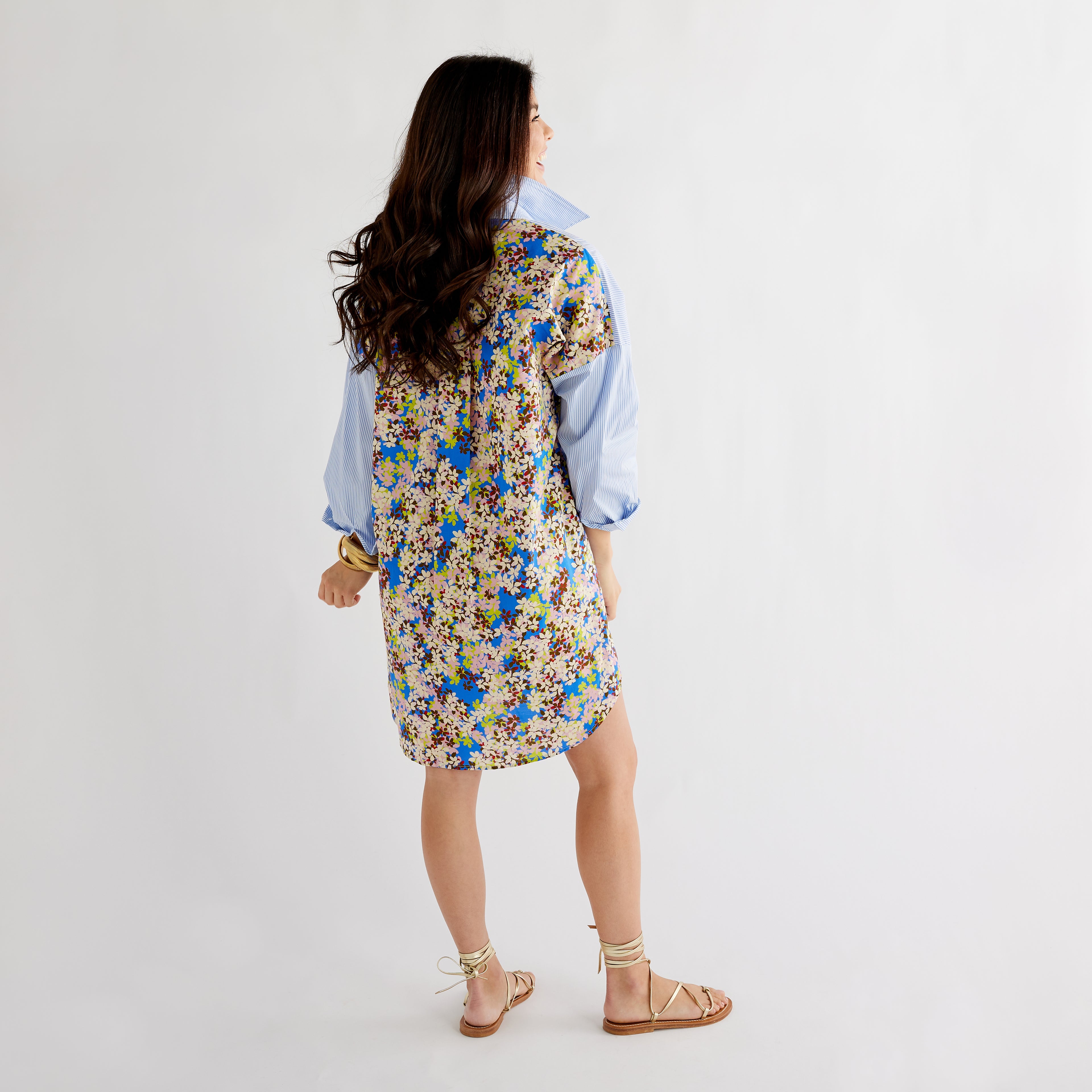 Caryn Lawn Preppy Dress Blue Stripe and Floral