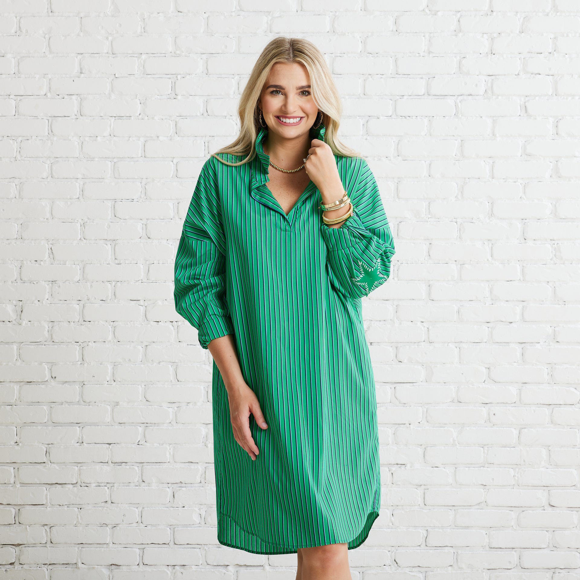 Caryn Lawn Preppy Dress in GREEN STRIPE