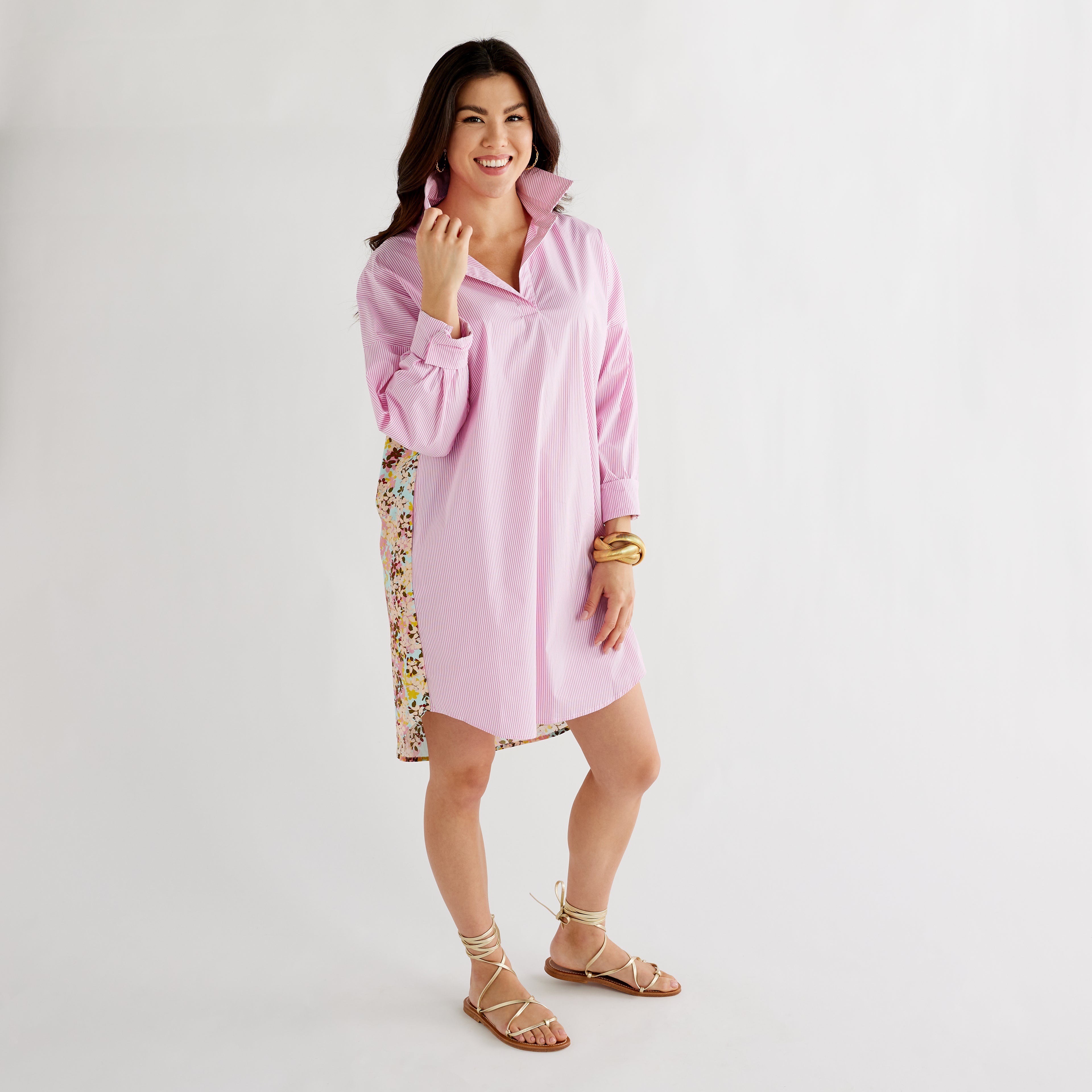 Caryn Lawn Preppy Dress Pink Stripe and Floral