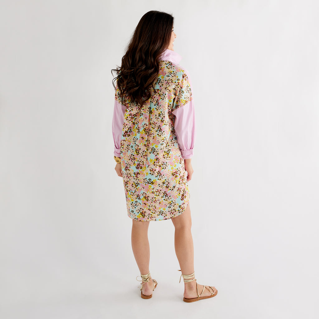 Caryn Lawn Preppy Dress Pink Stripe and Floral