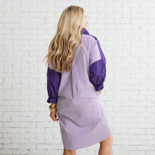 Load image into Gallery viewer, Caryn Lawn Preppy Gameday Back Stripe Dress Purple