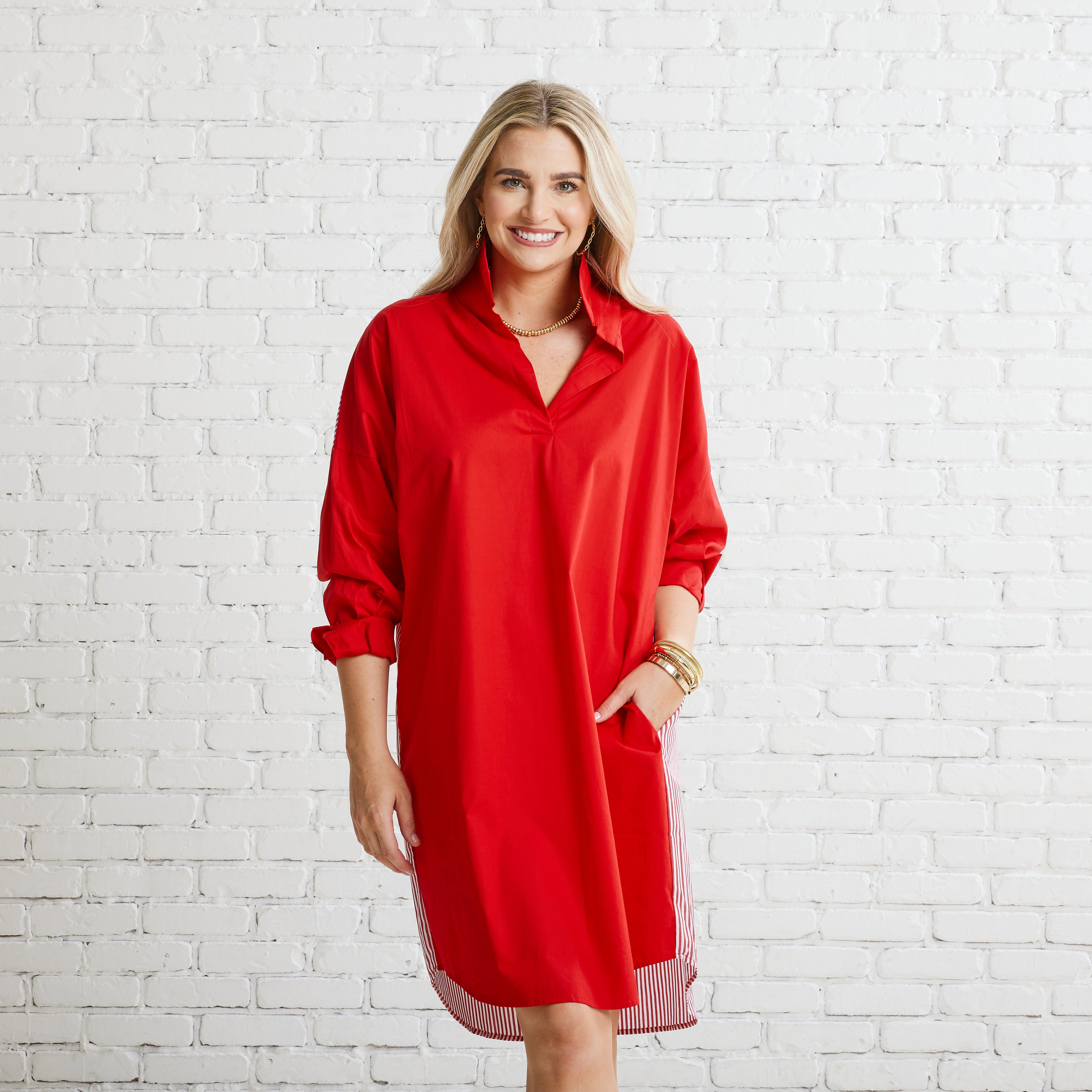 Caryn Lawn Preppy Gameday Back Stripe Dress Red