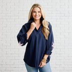 Caryn Lawn Preppy Star Elbow Top Navy and Rosé