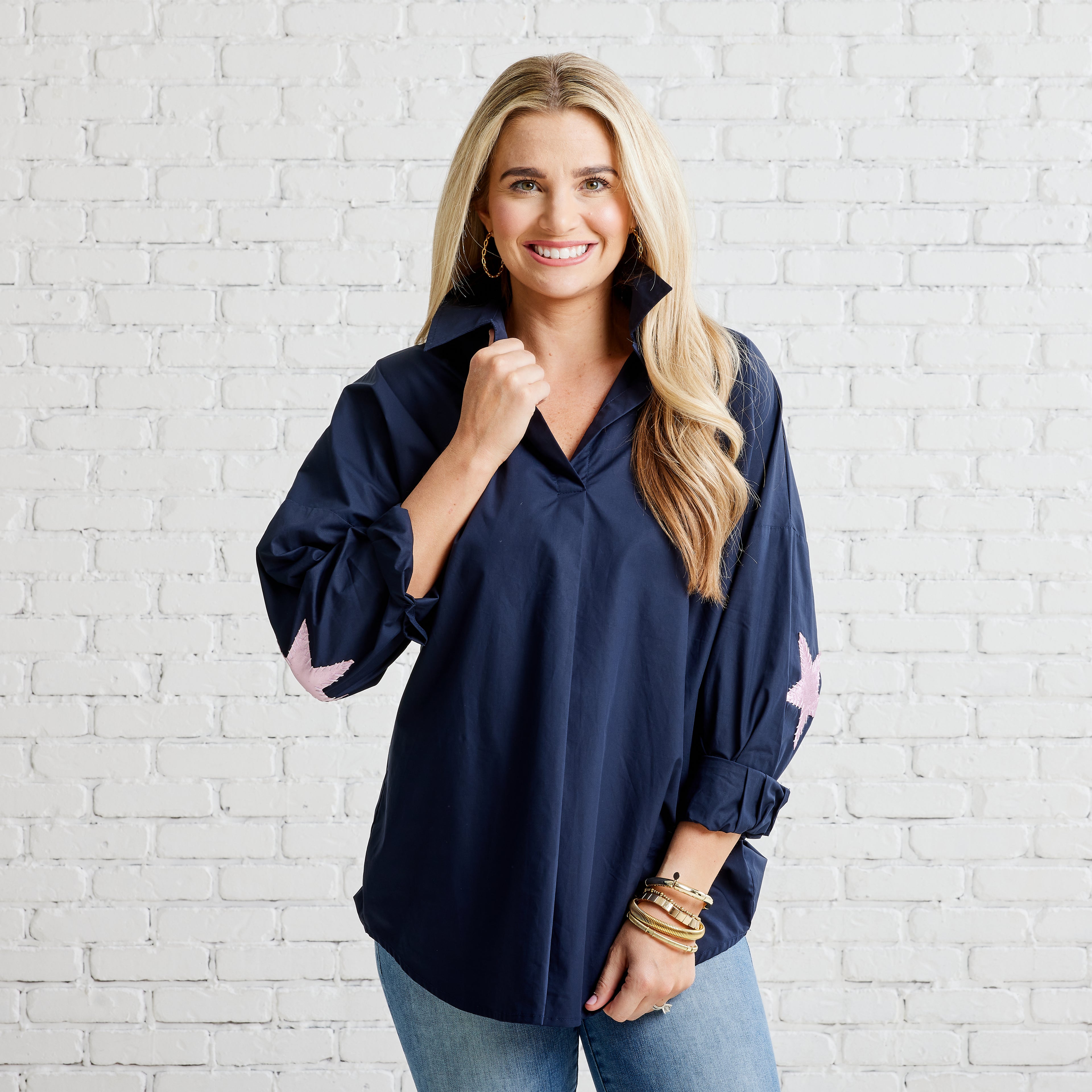 Caryn Lawn Preppy Star Elbow Top Navy and Rosé