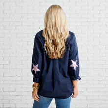 Load image into Gallery viewer, Caryn Lawn Preppy Leather Star Elbow Top Navy and Rosé