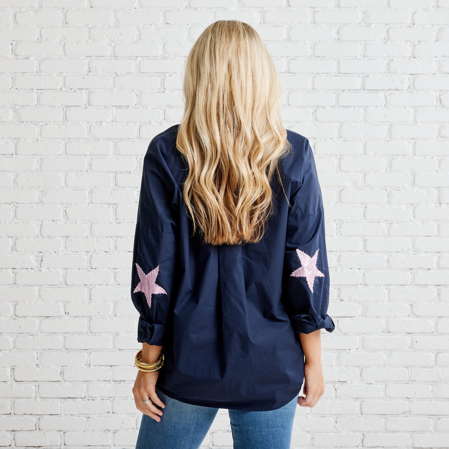 Caryn Lawn Preppy Star Elbow Top Navy and Rosé