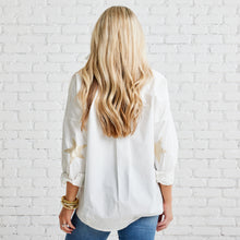 Load image into Gallery viewer, Caryn Lawn Preppy Leather Star Elbow Top White and Champagne