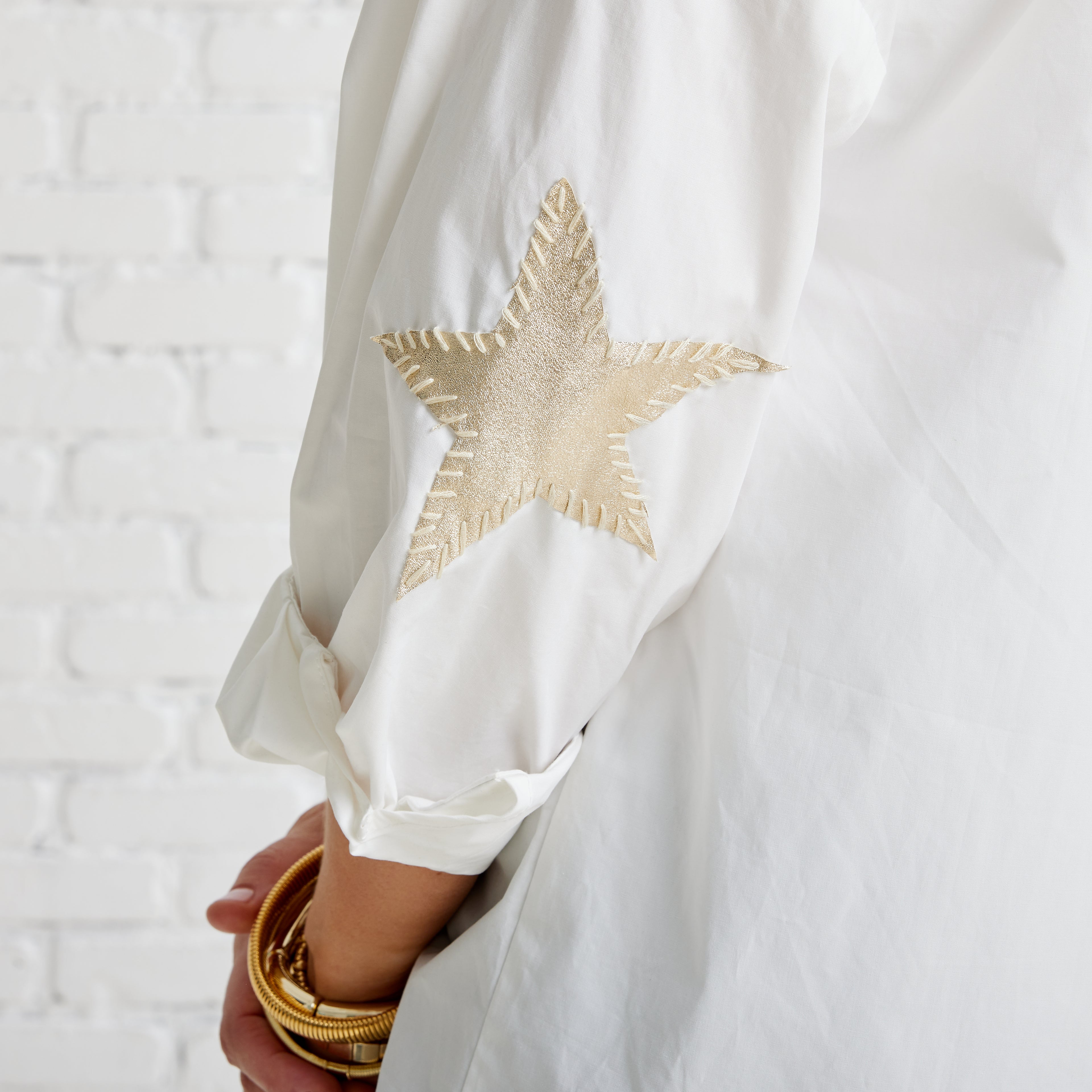 Caryn Lawn Preppy Star Elbow Top White and Champagne