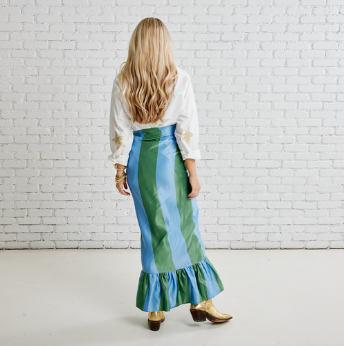 Caryn Lawn Whitney Wrap Skirt Green and Blue Stripe