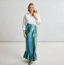 Load image into Gallery viewer, Caryn Lawn Whitney Wrap Skirt Green and Blue Stripe