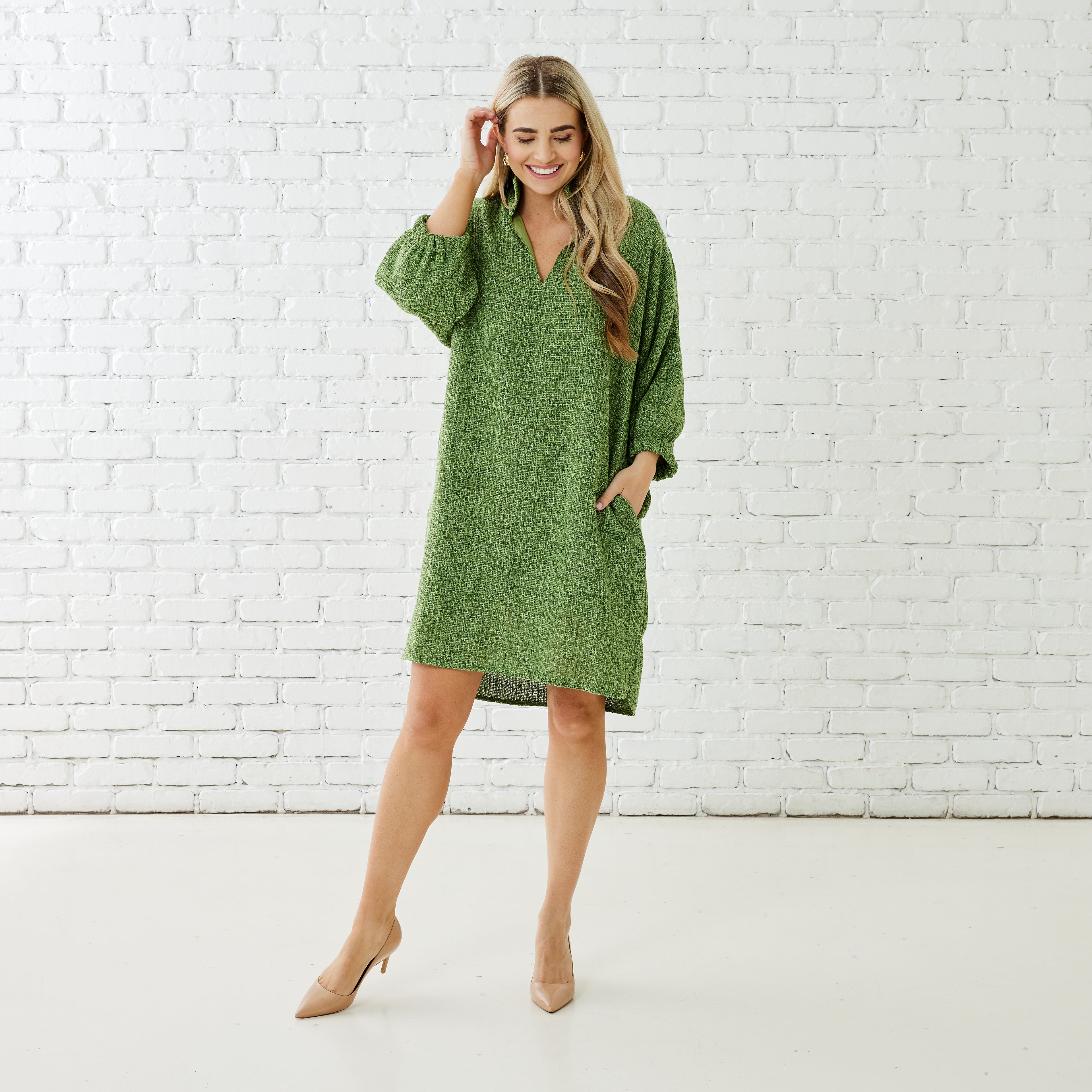 BETSY COLLAR TWEED DRESS GREEN Size 1 (fits 0-4) BETSY COLLAR TWEED DRESS GREEN Size 1 (fits 0-4)