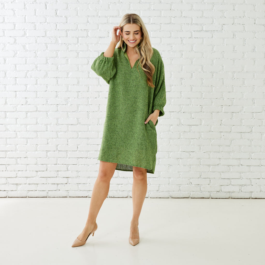 Caryn Lawn BETSY COLLAR TWEED DRESS GREEN
