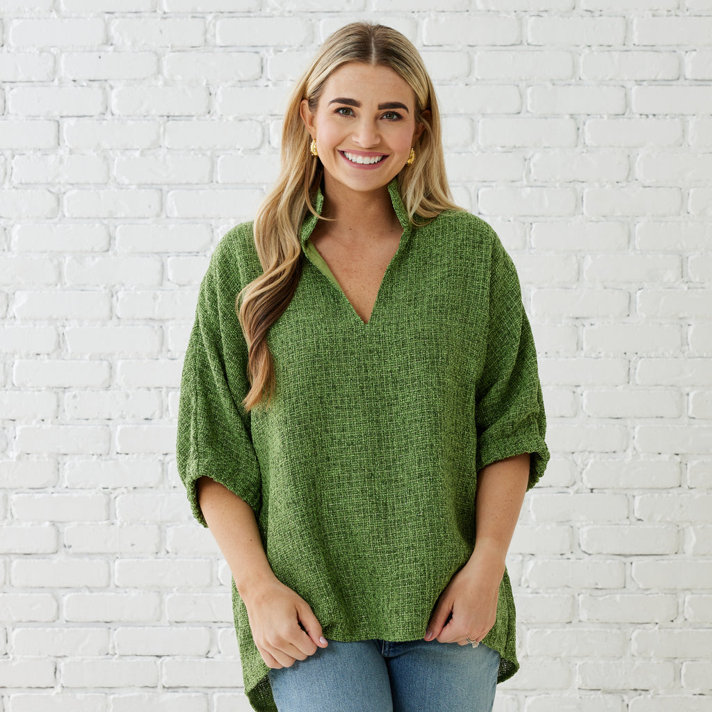 Caryn Lawn BETSY COLLAR TWEED TOP GREEN