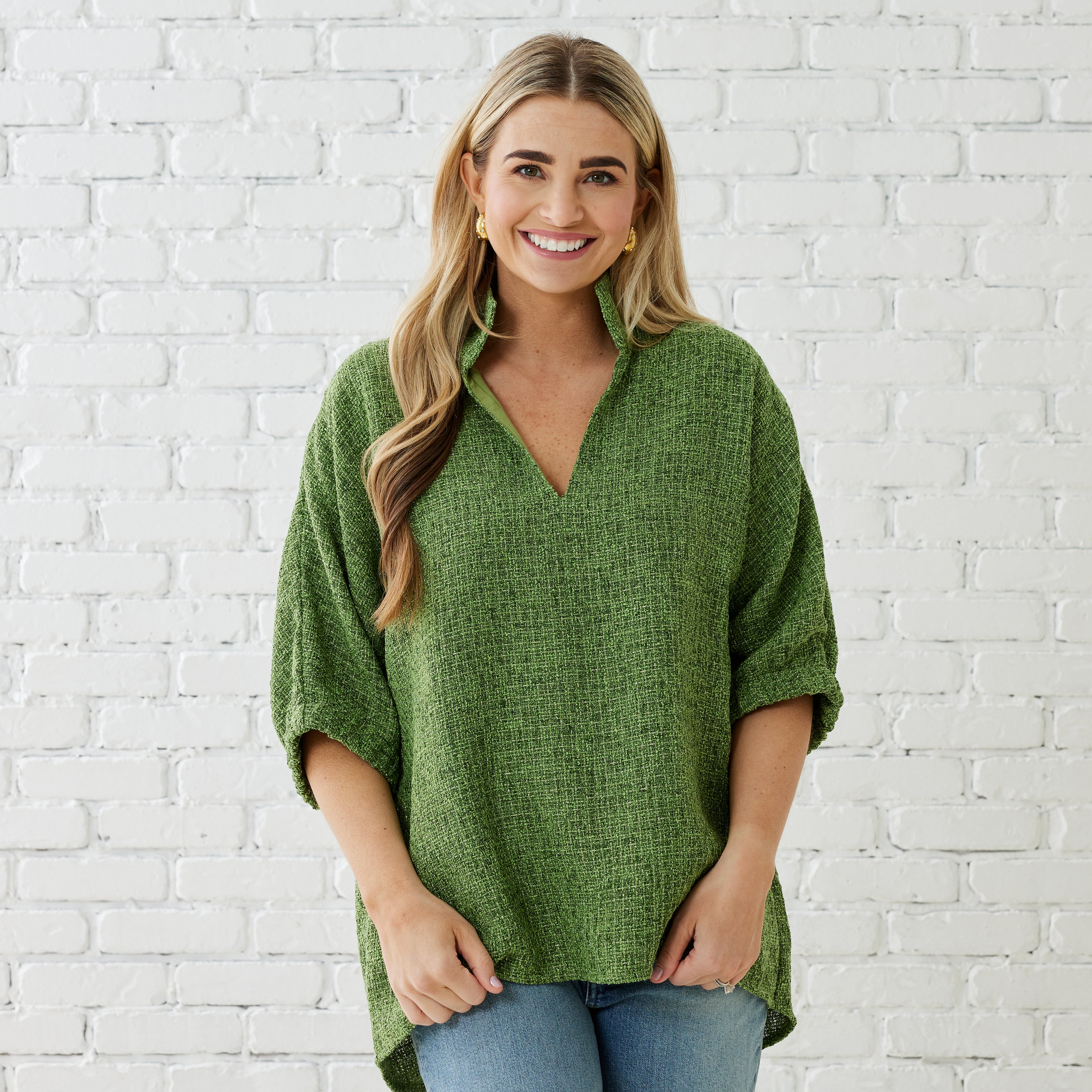 Caryn Lawn BETSY COLLAR TWEED TOP GREEN